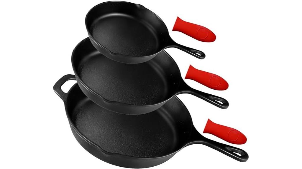 three pre seasoned skillets